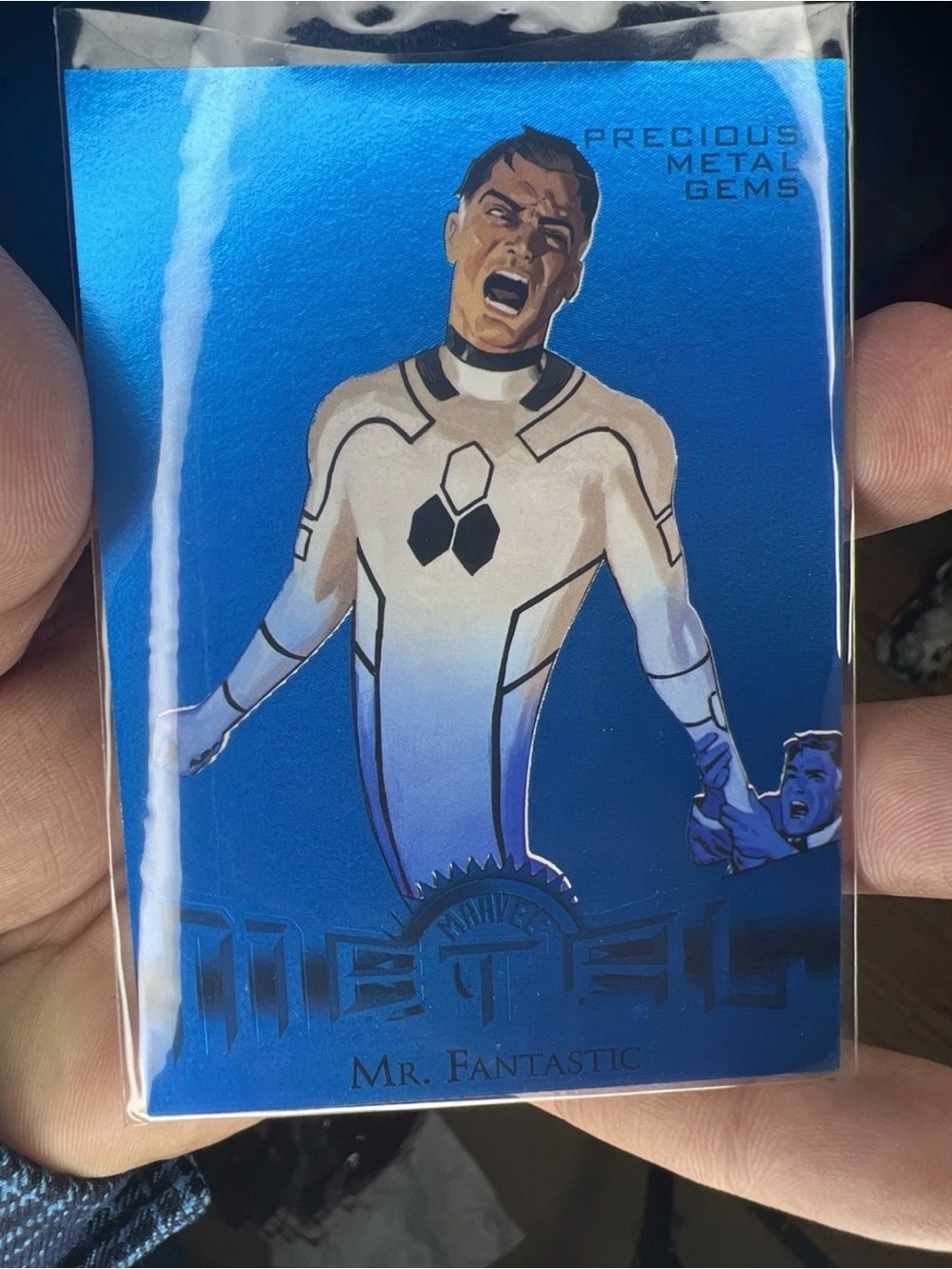 2013 Fleer Retro Marvel Metal Precious Metal Gems Blue #1 Mr. Fantastic 23/50